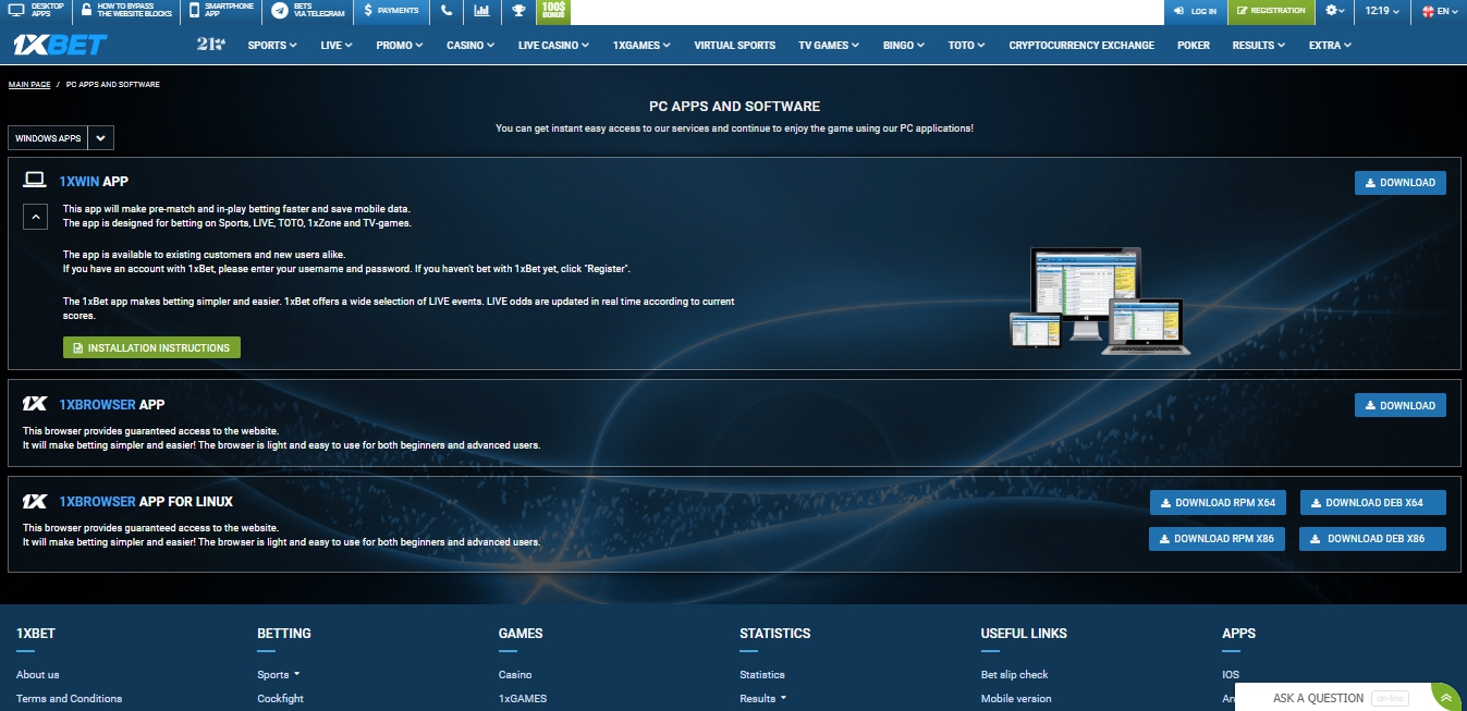 1xBet app on Windows platform